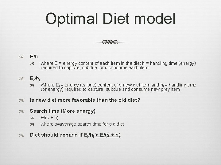 Optimal Diet model E/h where E = energy content of each item in the