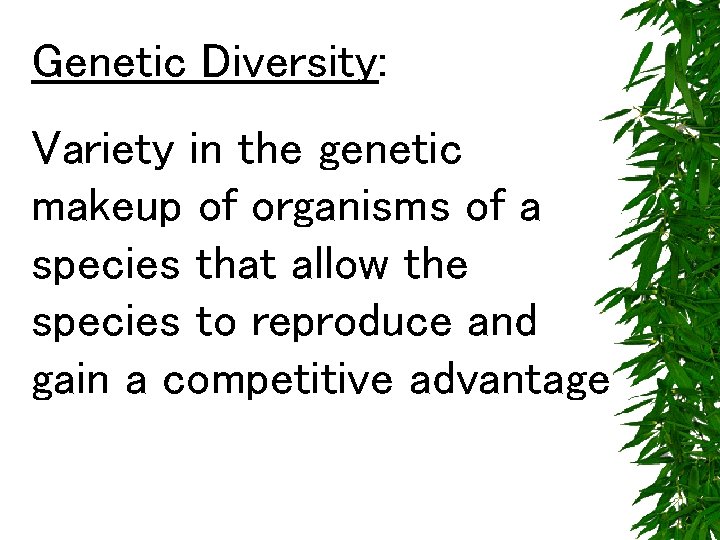 Genetic Diversity: Variety in the genetic makeup of organisms of a species that allow