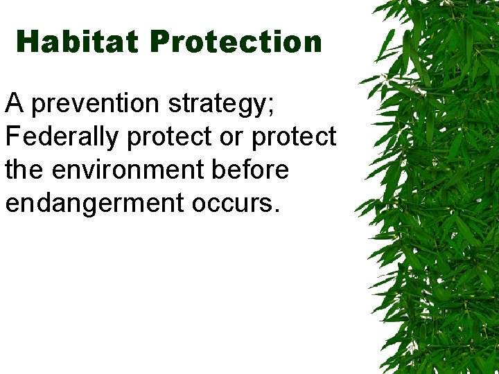 Habitat Protection A prevention strategy; Federally protect or protect the environment before endangerment occurs.