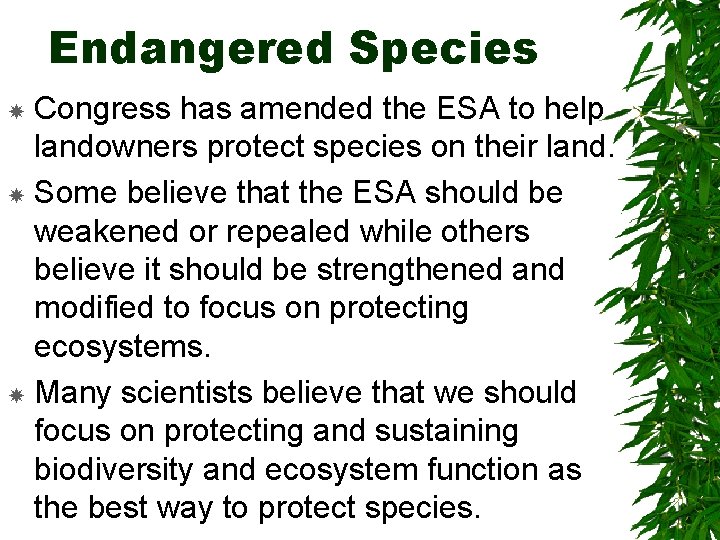 Endangered Species Congress has amended the ESA to help landowners protect species on their