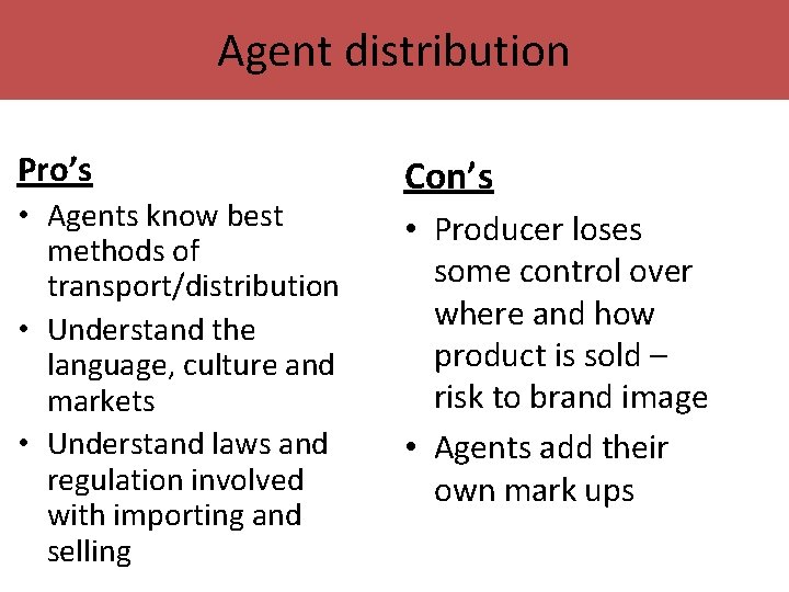 Agent distribution Pro’s • Agents know best methods of transport/distribution • Understand the language, Agent distribution Pro’s • Agents know best methods of transport/distribution • Understand the language,