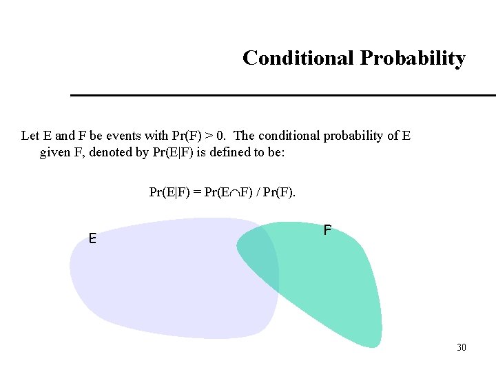 Conditional Probability Let E and F be events with Pr(F) > 0. The conditional