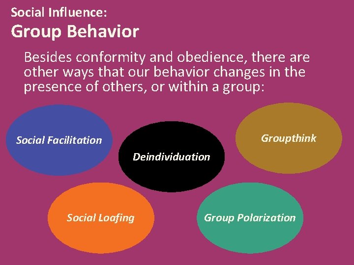 Social Influence: Group Behavior Besides conformity and obedience, there are other ways that our