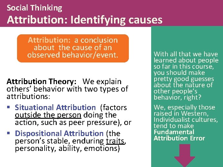 Social Thinking Attribution: Identifying causes Attribution: a conclusion about the cause of an observed