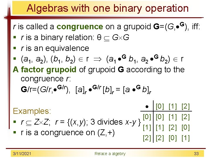 Algebras with one binary operation r is called a congruence on a grupoid G=(G,