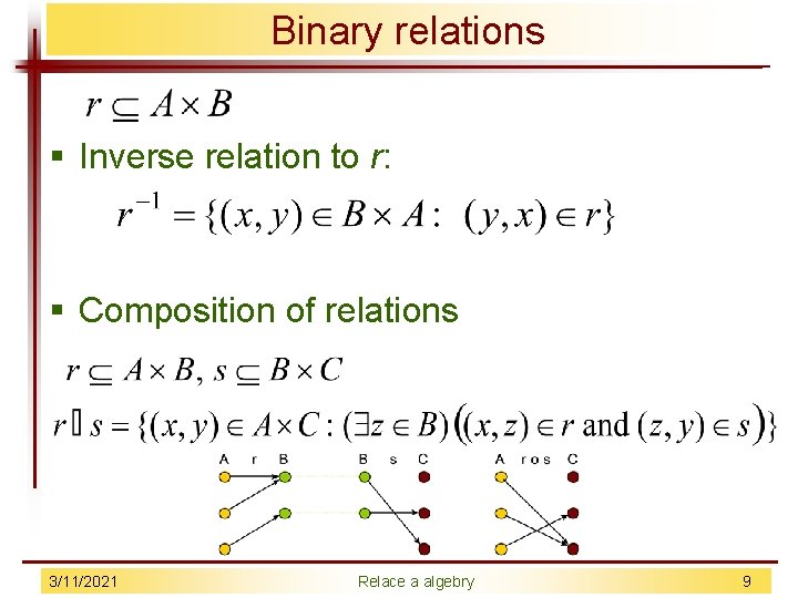 Binary relations § Inverse relation to r: § Composition of relations 3/11/2021 Relace a