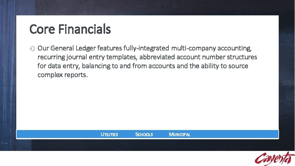 Core Financials Our General Ledger features fully-integrated multi-company accounting, recurring journal entry templates, abbreviated Core Financials Our General Ledger features fully-integrated multi-company accounting, recurring journal entry templates, abbreviated