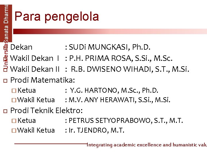 Universitas. Sanata Dharma Para pengelola Dekan : SUDi MUNGKASI, Ph. D. Wakil Dekan I