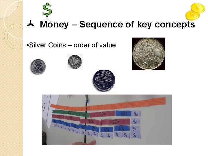  Money – Sequence of key concepts • Silver Coins – order of value