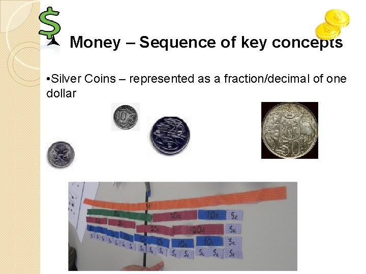  Money – Sequence of key concepts • Silver Coins – represented as a