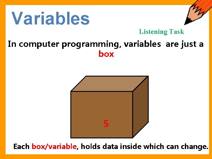 Variables Listening Task In computer programming, variables are just a box +2 3 5