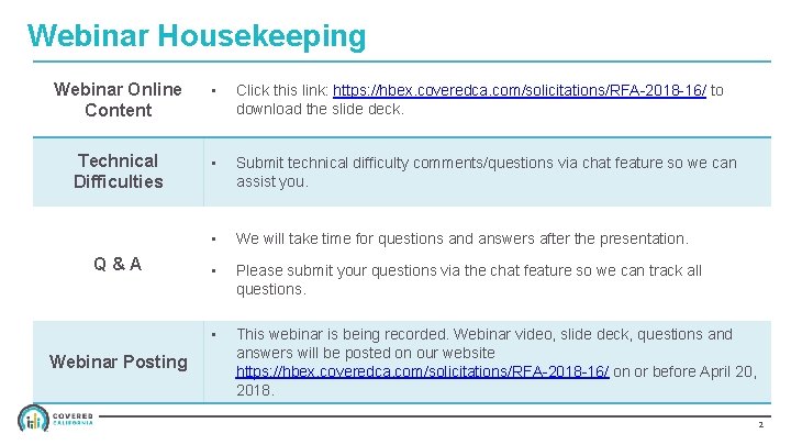 Webinar Housekeeping Webinar Online Content • Click this link: https: //hbex. coveredca. com/solicitations/RFA-2018 -16/