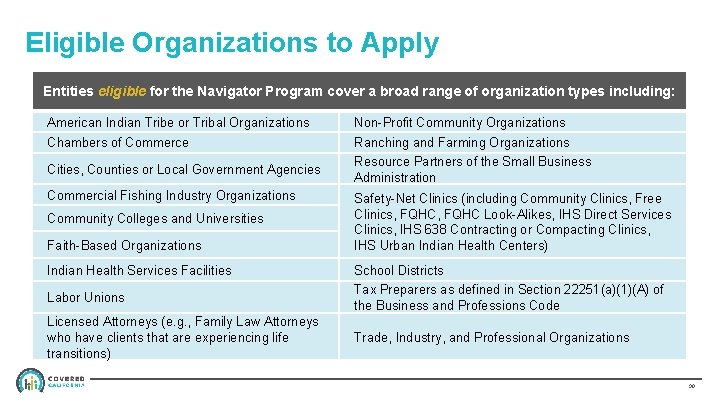 Eligible Organizations to Apply Entities eligible for the Navigator Program cover a broad range