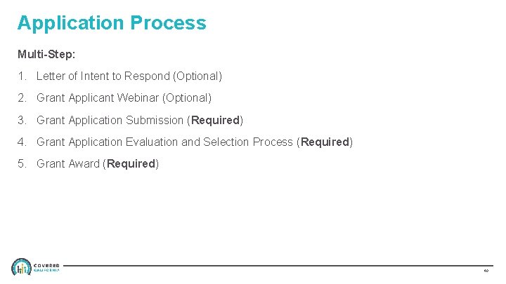 Application Process Multi-Step: 1. Letter of Intent to Respond (Optional) 2. Grant Applicant Webinar