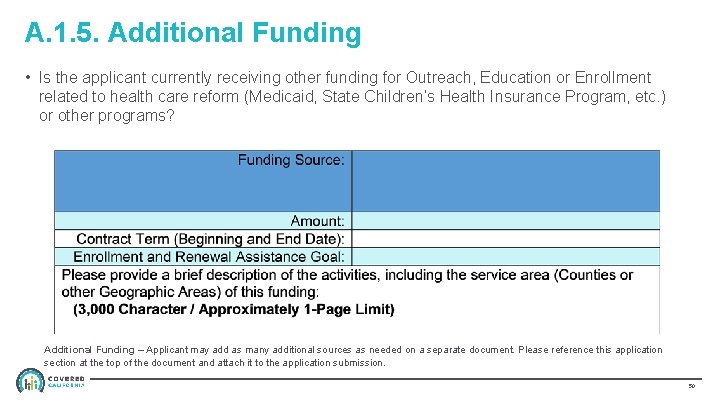 A. 1. 5. Additional Funding • Is the applicant currently receiving other funding for