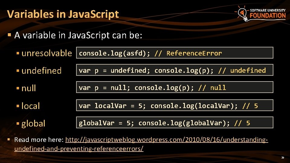 Variables in Java. Script § A variable in Java. Script can be: § unresolvable Variables in Java. Script § A variable in Java. Script can be: § unresolvable