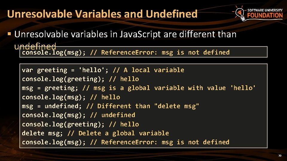 Unresolvable Variables and Undefined § Unresolvable variables in Java. Script are different than undefined Unresolvable Variables and Undefined § Unresolvable variables in Java. Script are different than undefined