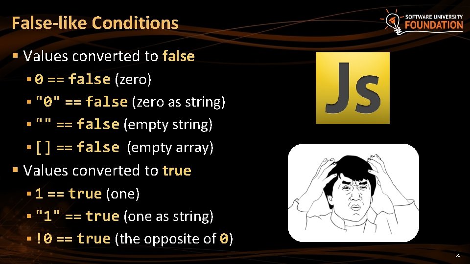 False-like Conditions § Values converted to false § 0 == false (zero) § "0" False-like Conditions § Values converted to false § 0 == false (zero) § "0"