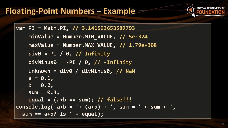 Floating-Point Numbers – Example var PI = Math. PI, // 3. 141592653589793 min. Value Floating-Point Numbers – Example var PI = Math. PI, // 3. 141592653589793 min. Value