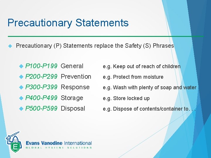 Precautionary Statements Precautionary (P) Statements replace the Safety (S) Phrases P 100 -P 199