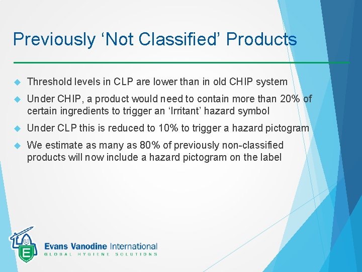 Previously ‘Not Classified’ Products Threshold levels in CLP are lower than in old CHIP