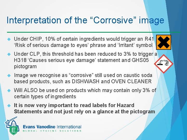 Interpretation of the “Corrosive” image Under CHIP, 10% of certain ingredients would trigger an