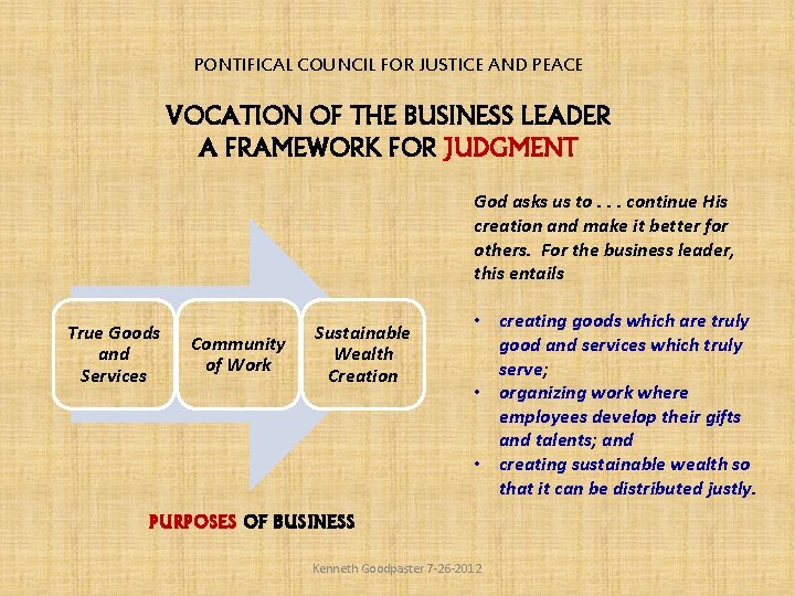 PONTIFICAL COUNCIL FOR JUSTICE AND PEACE VOCATION OF THE BUSINESS LEADER A FRAMEWORK FOR