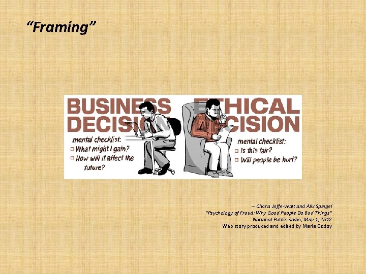“Framing” -- Chana Joffe-Walt and Alix Speigel “Psychology of Fraud: Why Good People Do
