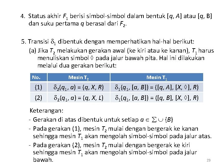 4. Status akhir F 1 berisi simbol-simbol dalam bentuk [q, A] atau [q, B]