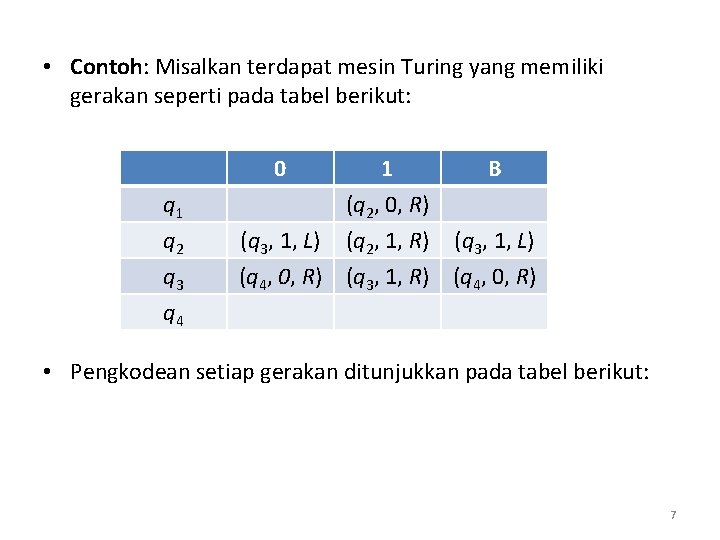 • Contoh: Misalkan terdapat mesin Turing yang memiliki gerakan seperti pada tabel berikut: • Contoh: Misalkan terdapat mesin Turing yang memiliki gerakan seperti pada tabel berikut: