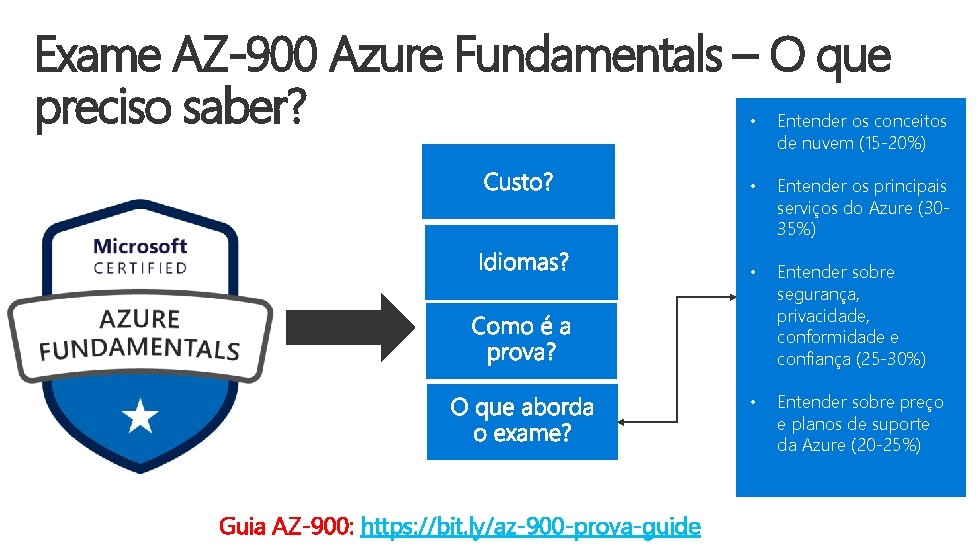 Exame AZ-900 Azure Fundamentals – O que preciso saber? Guia AZ-900: https: //bit. ly/az-900