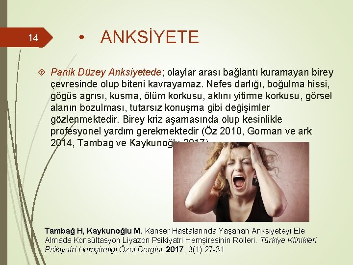 14 • ANKSİYETE Panik Düzey Anksiyetede; olaylar arası bağlantı kuramayan birey çevresinde olup biteni