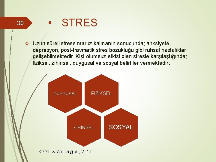 30 • STRES Uzun süreli strese maruz kalmanın sonucunda; anksiyete, depresyon, post-travmatik stres bozukluğu