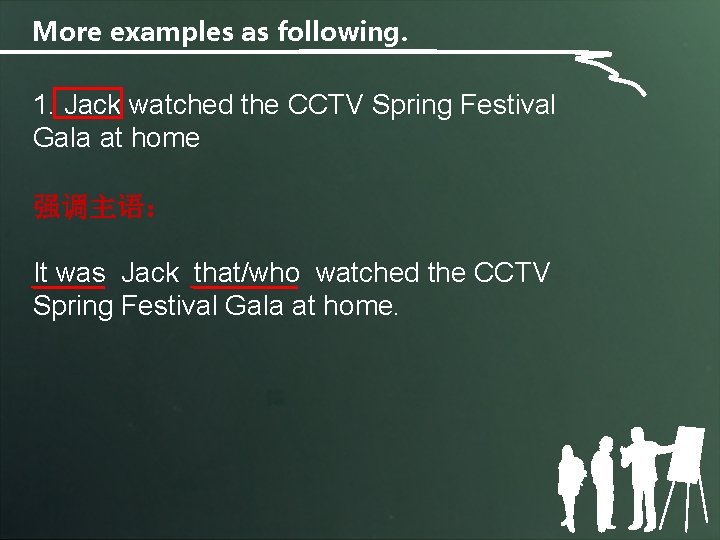 More examples as following. 1. Jack watched the CCTV Spring Festival Gala at home