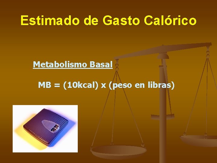 Estimado de Gasto Calórico Metabolismo Basal MB = (10 kcal) x (peso en libras)