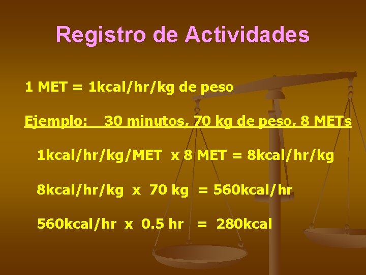 Registro de Actividades 1 MET = 1 kcal/hr/kg de peso Ejemplo: 30 minutos, 70