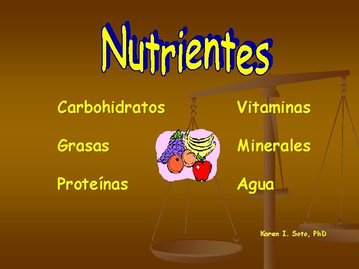 Carbohidratos Vitaminas Grasas Minerales Proteínas Agua Karen I. Soto, Ph. D 