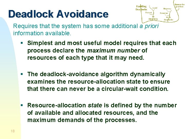 Deadlock Avoidance Requires that the system has some additional a priori information available. §
