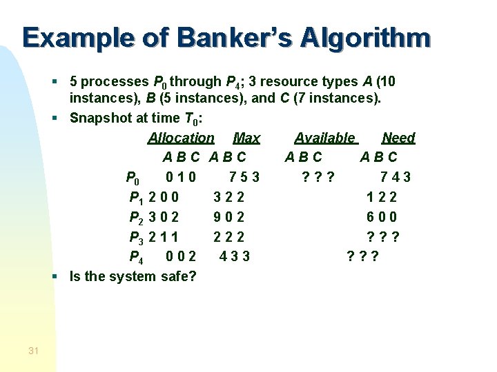 Example of Banker’s Algorithm § 5 processes P 0 through P 4; 3 resource