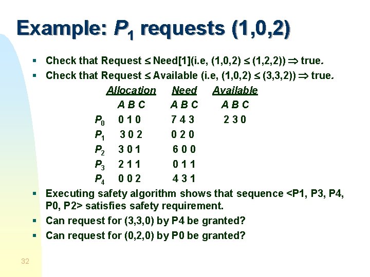 Example: P 1 requests (1, 0, 2) § Check that Request Need[1](i. e, (1,