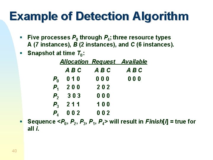 Example of Detection Algorithm § Five processes P 0 through P 4; three resource