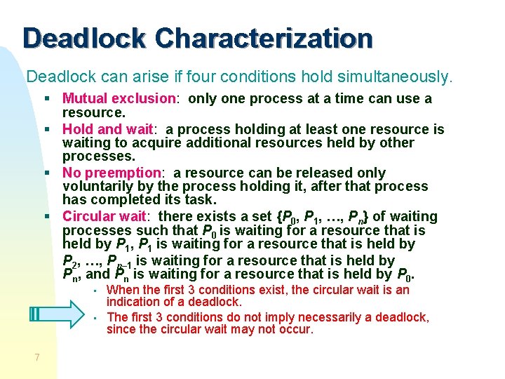 Deadlock Characterization Deadlock can arise if four conditions hold simultaneously. § Mutual exclusion: only