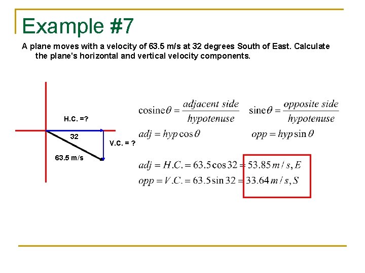 Example #7 A plane moves with a velocity of 63. 5 m/s at 32