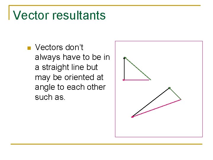 Vector resultants n Vectors don’t always have to be in a straight line but