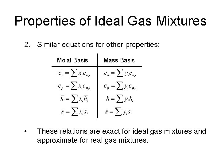 Properties of Ideal Gas Mixtures 2. Similar equations for other properties: Molal Basis •