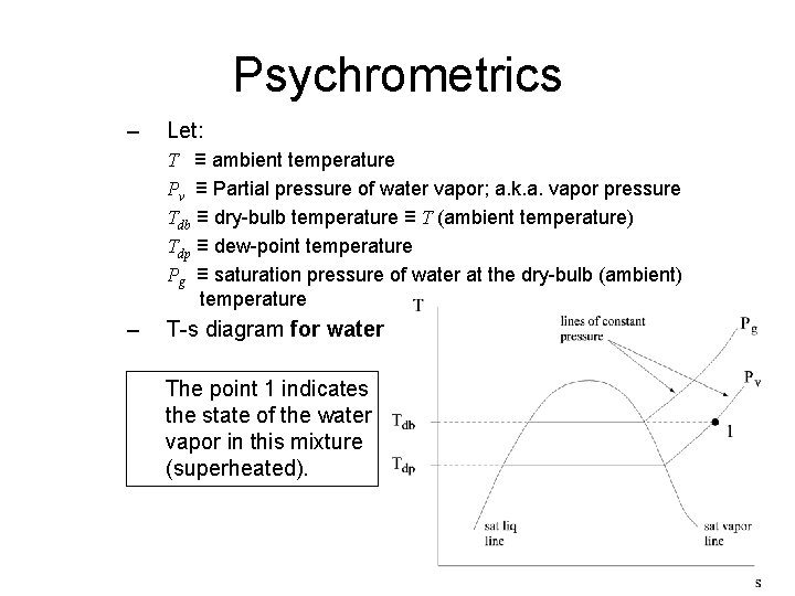 Psychrometrics – Let: T ≡ ambient temperature Pv ≡ Partial pressure of water vapor;