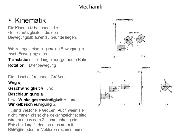 Mechanik • Kinematik Die Kinematik behandelt die Gesetzmäßigkeiten, die den Bewegungsabläufen zu Grunde liegen.