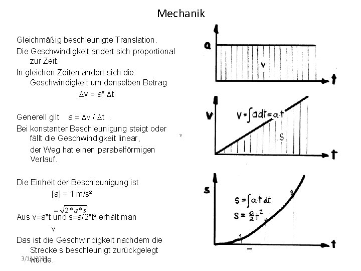 Mechanik Gleichmäßig beschleunigte Translation. Die Geschwindigkeit ändert sich proportional zur Zeit. In gleichen Zeiten