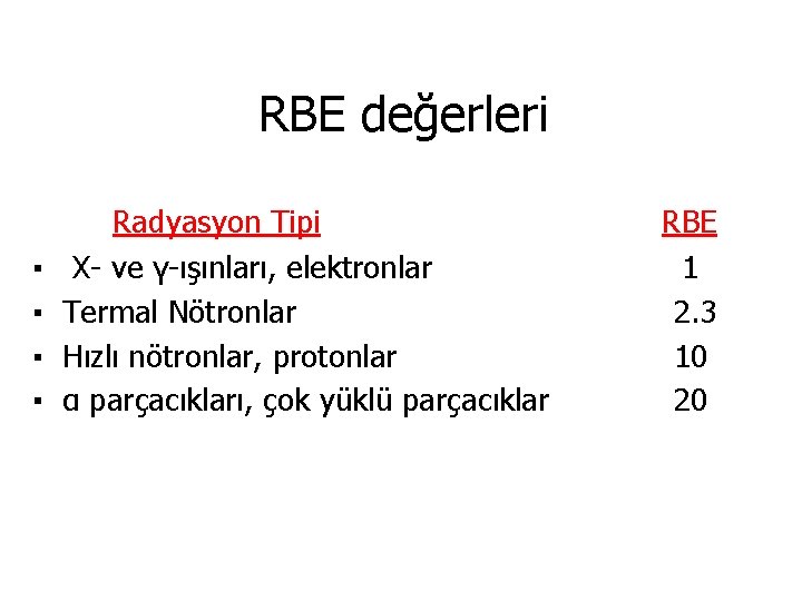 RBE değerleri ▪ ▪ Radyasyon Tipi X- ve γ-ışınları, elektronlar Termal Nötronlar Hızlı nötronlar,