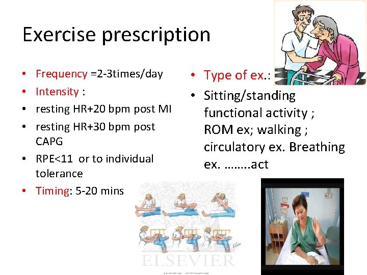 Exercise prescription Frequency =2 -3 times/day Intensity : resting HR+20 bpm post MI resting
